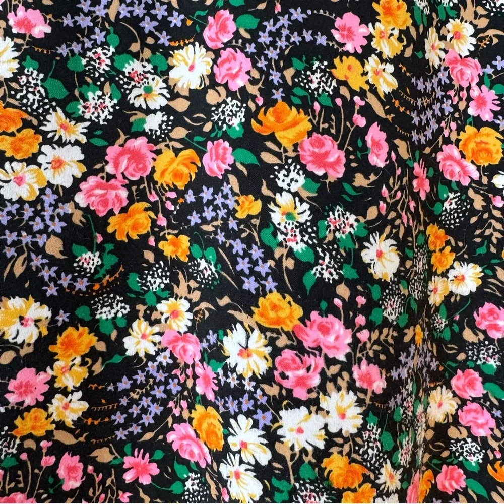 Vintage 70s Atkins Black Floral House coat Dress Muumuu Maxi Dress Pockets M - Picture 2 of 10